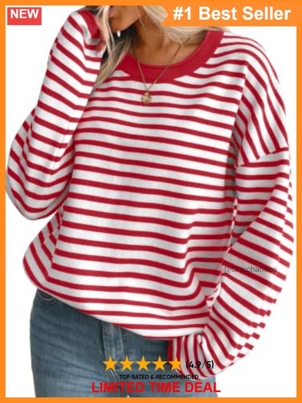 Oversized Striped Knit Pullover Sweater Long Sleeve Crew Neck Casual